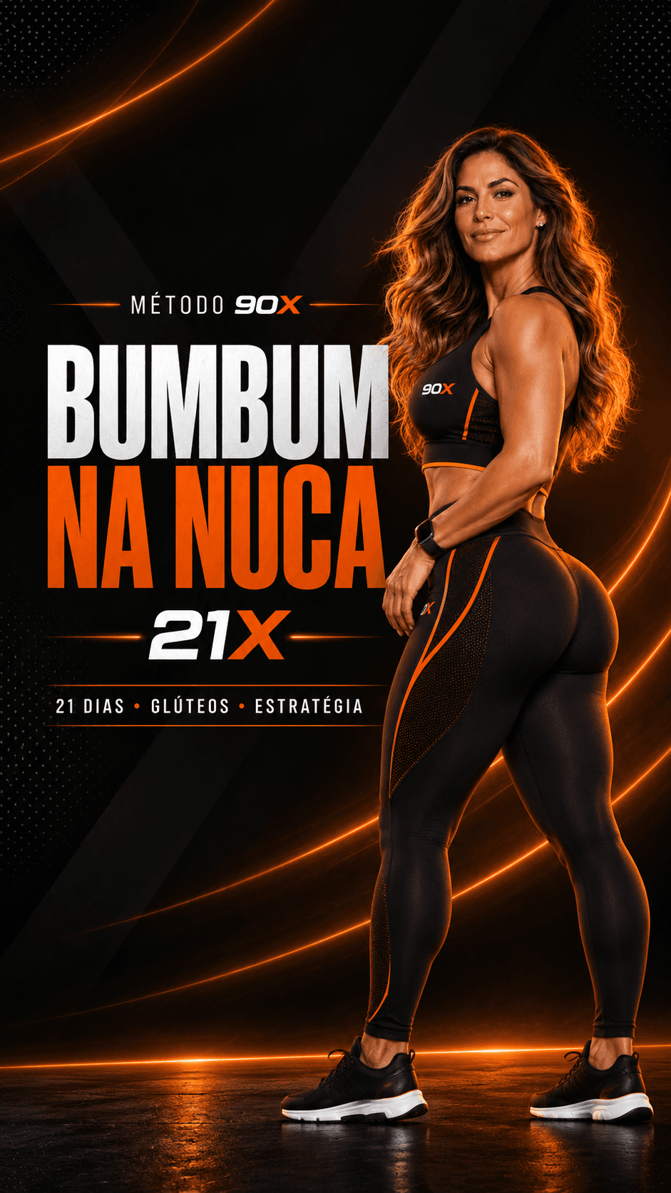 Arte do desafio Bumbum na Nuca 21X do Método 90X, com atleta e detalhes em laranja e preto