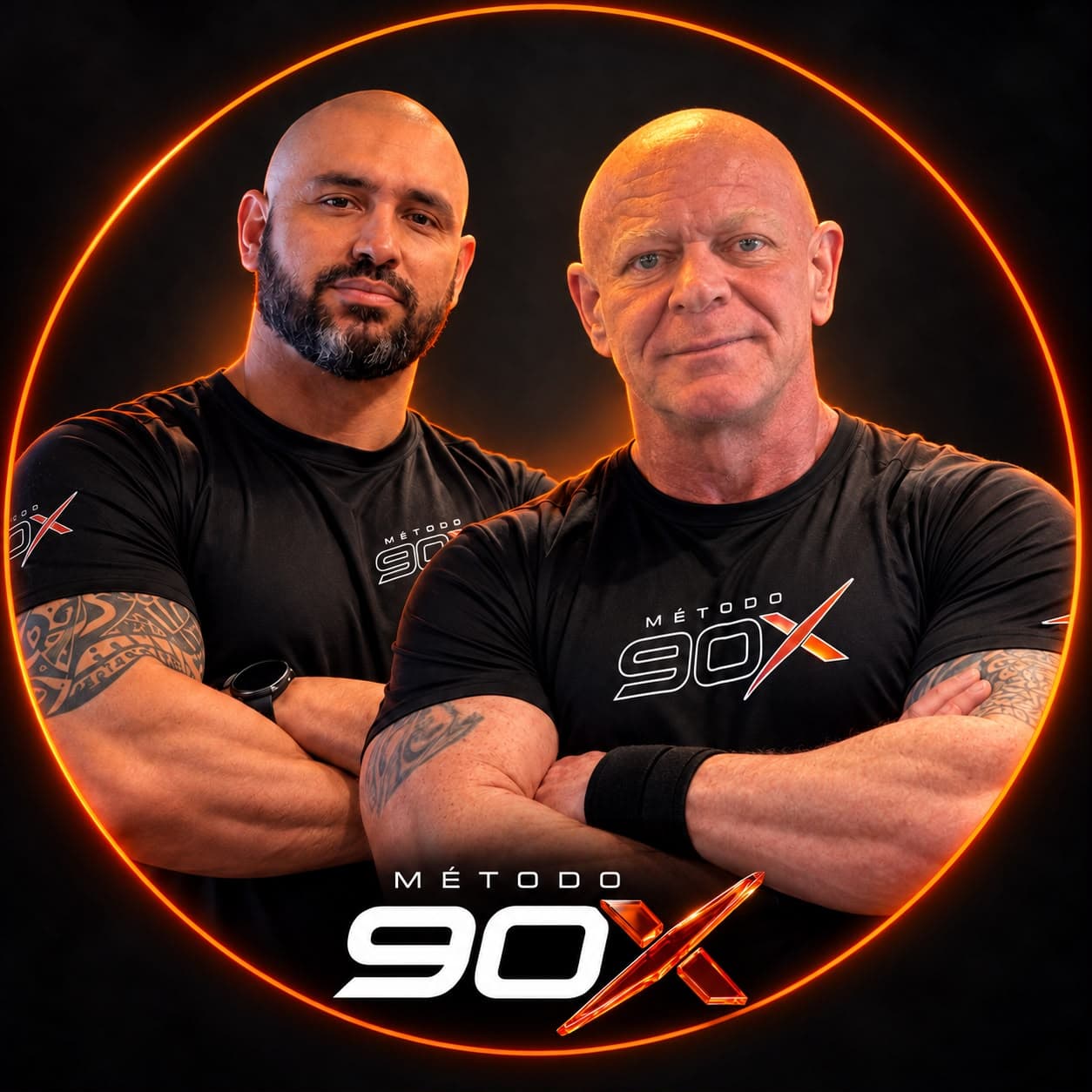 Os dois integrantes do Método 90X diante de um arco laranja