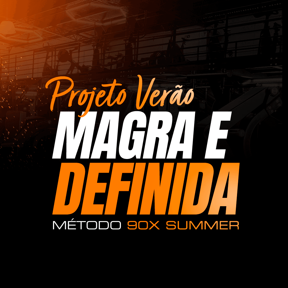 Projeto Verão Magra e Definida — Método 90X Summer, em branco e laranja sobre academia ao fundo